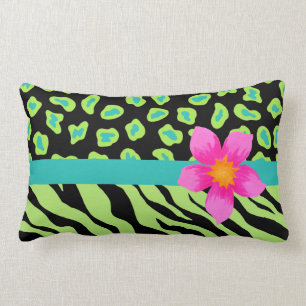 Green, Black & Teal Zebra & Cheetah Pink Flower Lumbar Pillow