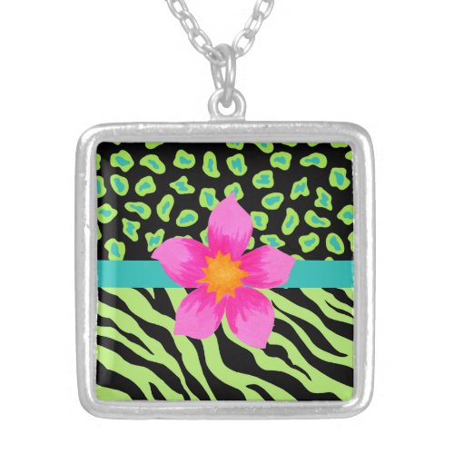Green Black  Teal Zebra  Cheetah Pink Flower Silver Plated Necklace