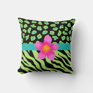 Green, Black & Teal Zebra & Cheetah Pink Flower Throw Pillow
