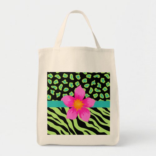 Green Black  Teal Zebra  Cheetah Pink Flower Tote Bag