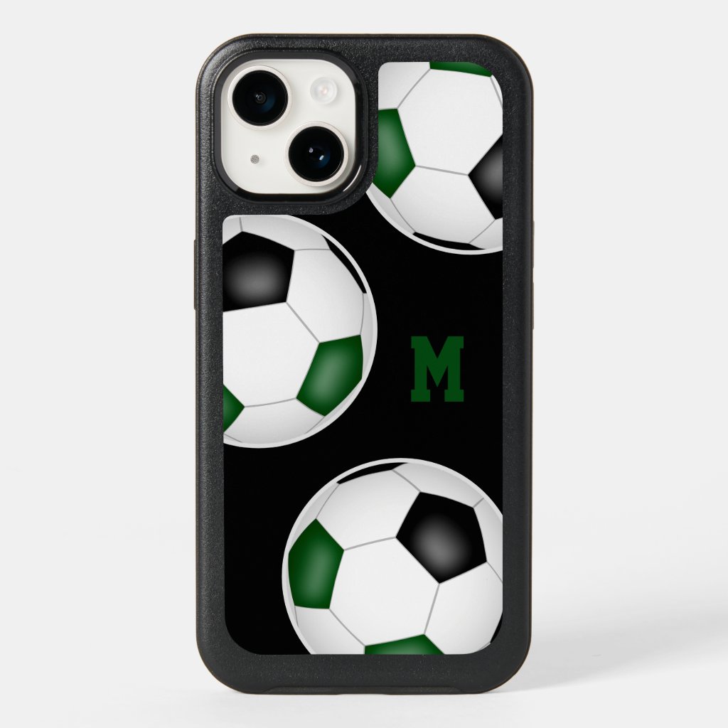 Green black team colors soccer balls monogrammed OtterBox iPhone case