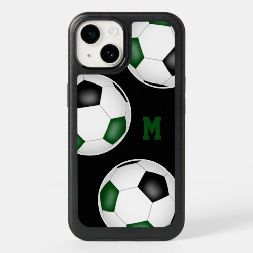 Green black team colors soccer balls monogrammed OtterBox iPhone 14 case