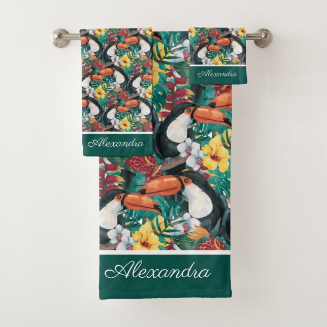 Green Black Toucan Monogram Tropical Flower Bath Towel Set (Insitu)
