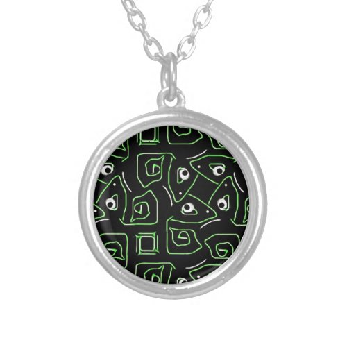 Green  black tribal lizard pattern silver plated necklace