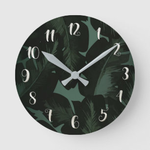 Green & Black Tropical Leaves Botanical Chic Round Clock