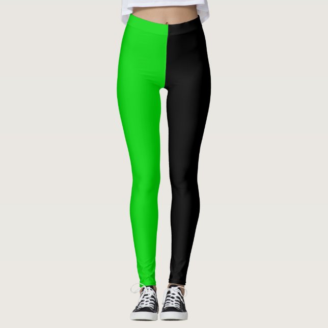 Green Black Two Tone Half Color Split Leggings (Front)
