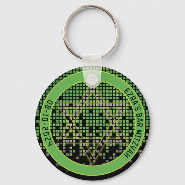 Green Black Video Game Gamer Bar Mitzvah Keychain (Front)