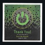 Green Black Video Game Gamer Bar Mitzvah Paper Dinner Napkins<br><div class="desc">Green, black, and grey (gray) raining pixel gamer or video game Bar Mitzvah personalized paper napkins. This non-traditional gamer inspired video gaming design features a power on button from a video game console. There are also green, yellow, and grey (gray) raining or cascading digital style computer pixels along the background....</div>