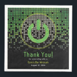 Green Black Video Game Gamer Bar Mitzvah Paper Dinner Napkins<br><div class="desc">Green, black, and grey (gray) raining pixel gamer or video game Bar Mitzvah personalized paper napkins. This non-traditional gamer inspired video gaming design features a power on button from a video game console. There are also green, yellow, and grey (gray) raining or cascading digital style computer pixels along the background....</div>