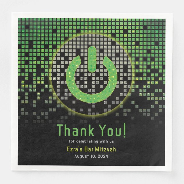 Green Black Video Game Gamer Bar Mitzvah Paper Dinner Napkins (Front)