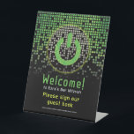 Green Black Video Game Gamer Bar Mitzvah  Pedestal Sign<br><div class="desc">Green, black, and grey (gray) raining pixel gamer or video game Bar Mitzvah welcome and guest book sign. This non-traditional gamer inspired video gaming design features a video game console power on button. There are also green, yellow, and grey (gray) raining or cascading digital style computer pixels along the top...</div>