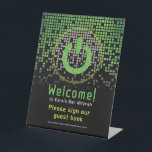 Green Black Video Game Gamer Bar Mitzvah  Pedestal Sign<br><div class="desc">Green, black, and grey (gray) raining pixel gamer or video game Bar Mitzvah welcome and guest book sign. This non-traditional gamer inspired video gaming design features a video game console power on button. There are also green, yellow, and grey (gray) raining or cascading digital style computer pixels along the top...</div>