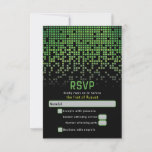 Green Black Video Game Gamer Bar Mitzvah  RSVP Card<br><div class="desc">Green, black, and grey (gray) raining pixel gamer or video game Bar Mitzvah RSVP response card. This non-traditional gamer inspired video gaming design features green, yellow, and grey (gray) raining or cascading digital style computer pixels along the top of the card. The fonts are techno computer style. This video game...</div>