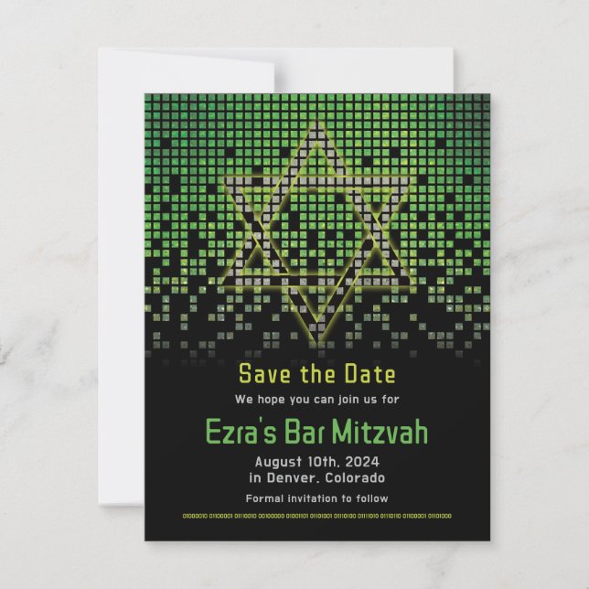 Green Black Video Game Gamer Bar Mitzvah  Save The Date (Front)