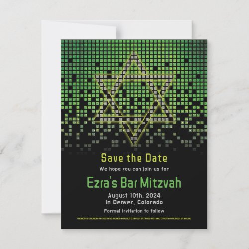 Green Black Video Game Gamer Bar Mitzvah  Save The Date