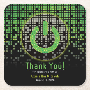 Green Black Video Game Gamer Bar Mitzvah Square Paper Coaster