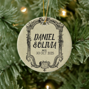 Green Black Vintage Classic Wedding Ceramic Ornament