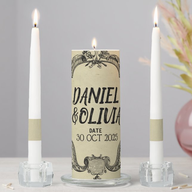 Green Black Vintage Classic Wedding Unity Candle Set (In Situ)