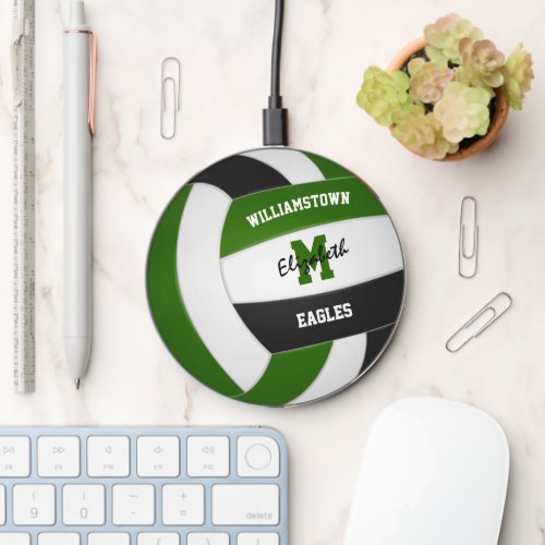 green black volleyball athlete team name monogram wireless charger 