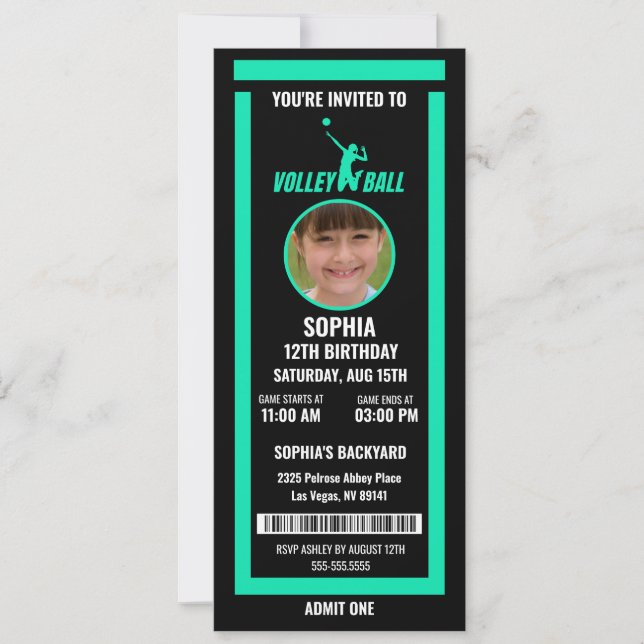 Green Black Volleyball Ticket Birthday Photo Invitation (Front)