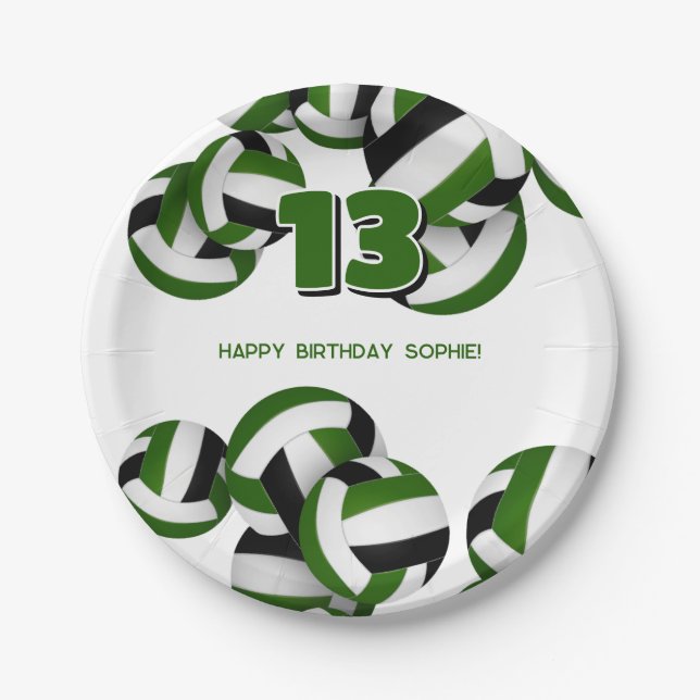 green black volleyballs kids birthday party paper plates (Front)