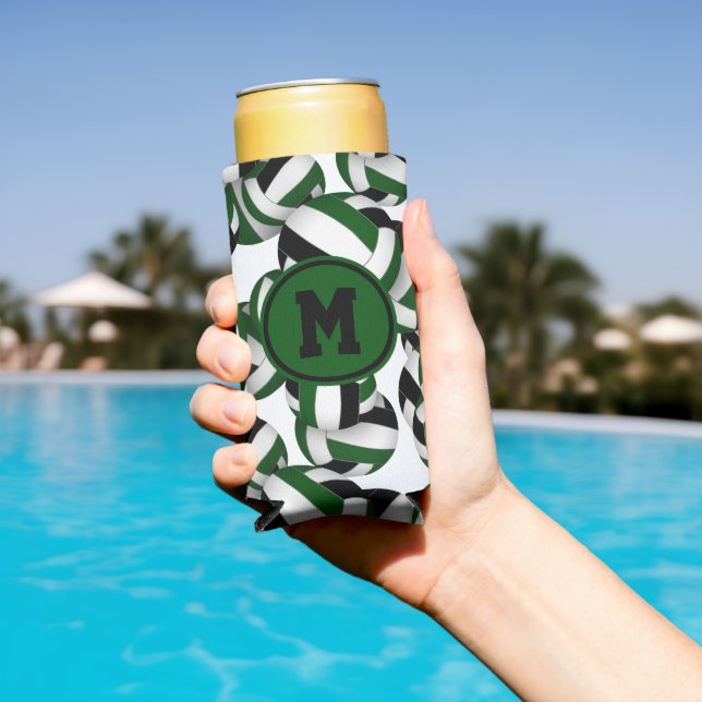 Green black volleyballs pattern w player monogram seltzer can cooler (In Situ Pool)