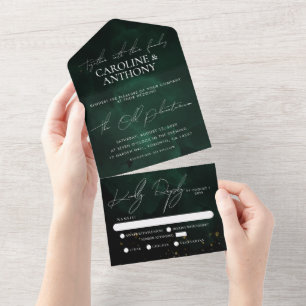 Green Black Watercolor Magic Gold Wedding All In One Invitation