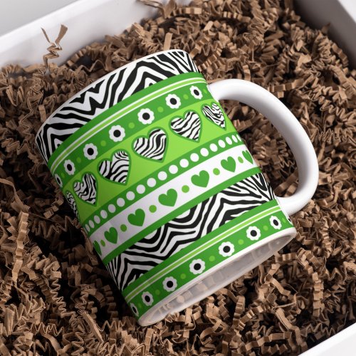 Green black  white abstract zebra hearts and dots coffee mug