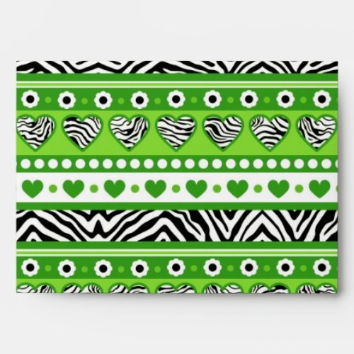 Green black  white abstract zebra hearts and dots envelope