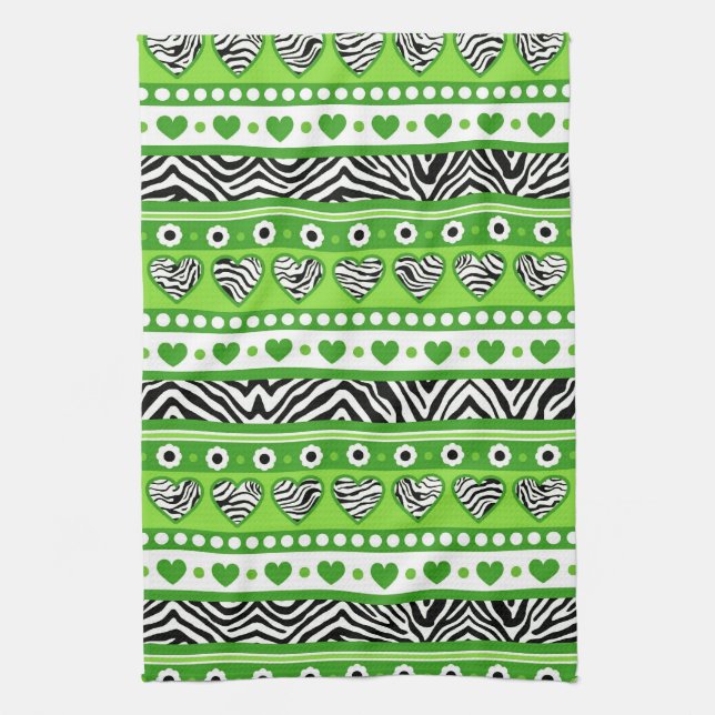 Green black & white abstract zebra hearts and dots kitchen towel (Vertical)