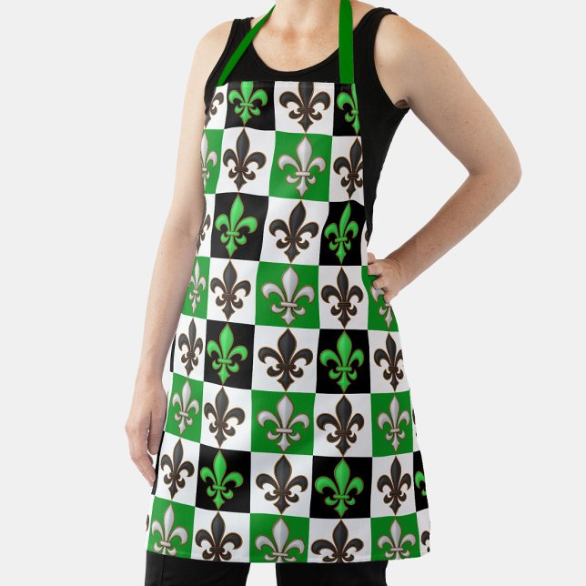 Green Black White Checkered Fleur-de-lis Design  Apron (Creator Uploaded)
