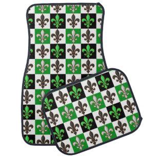 Green Black White Checkered Fleur-de-lis Design Car Floor Mat