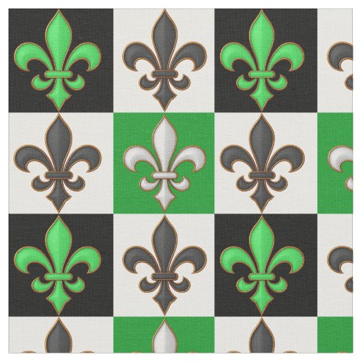 Green Black White Checkered Fleur-de-lis Design  Fabric