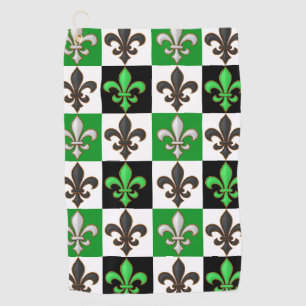 Green Black White Checkered Fleur-de-lis Design Golf Towel