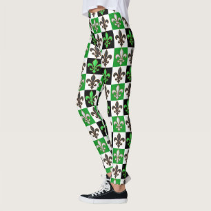 Green Black White Checkered Fleur-de-lis Design Leggings