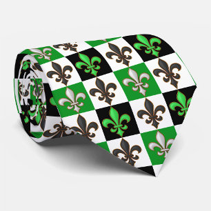 Green Black White Checkered Fleur-de-lis Design Neck Tie