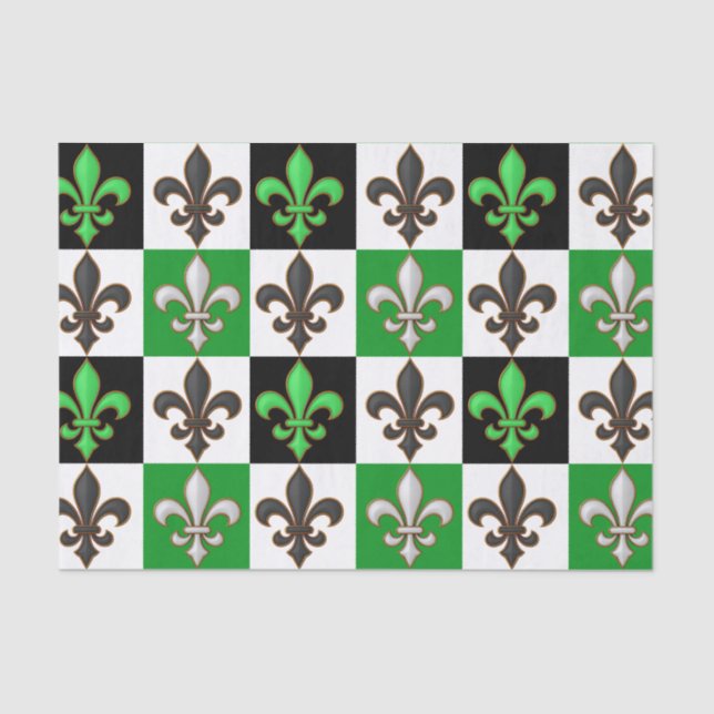 Green Black White Checkered Fleur-de-lis Design  Tissue Paper (Front)