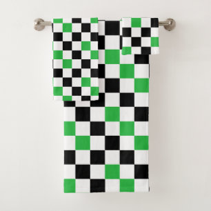 Green Black White Checkered Pattern Design  Bath Towel Set
