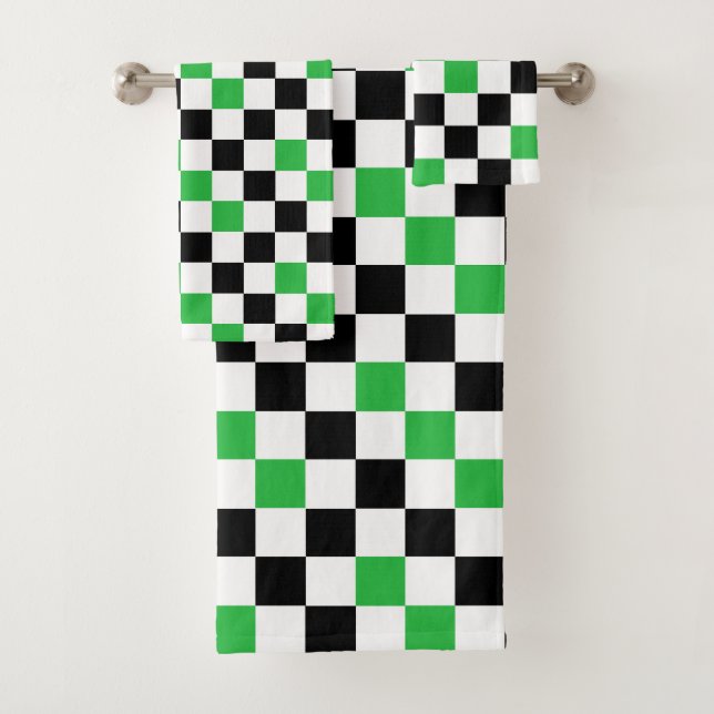 Green Black White Checkered Pattern Design  Bath Towel Set (Insitu)