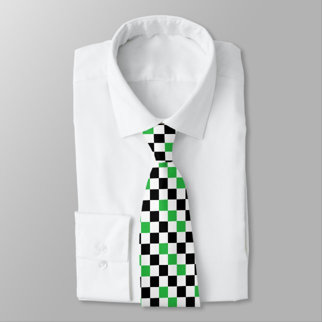 Green Black White Checkered Pattern Design  Neck Tie (Tied)