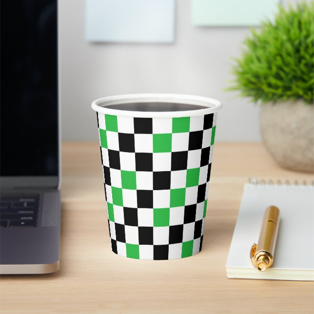 Green Black White Checkered Pattern Design  Paper Cups (Insitu)