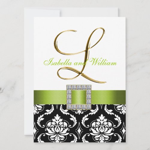 Green Black White Damask Initial L Wedding Invite