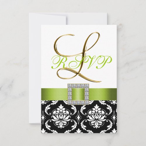 Green Black White Damask Initial L Wedding RSVP Custom Invite
