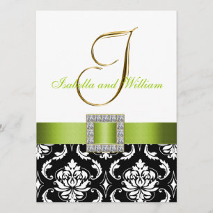 Green Black White Damask Initial Wedding Invite