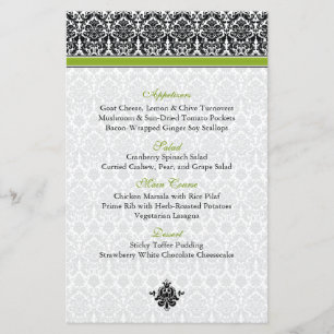 Green, Black, White Damask Menu Card