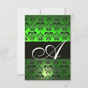 GREEN BLACK  WHITE DAMASK MONOGRAM INVITATION