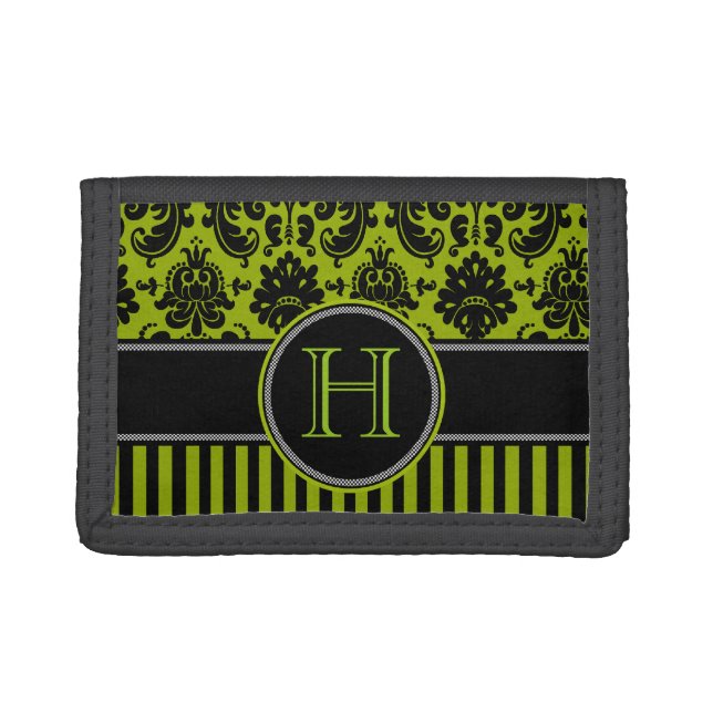 Green Black White Damask, Stripes Tri-Fold Wallet (Front)