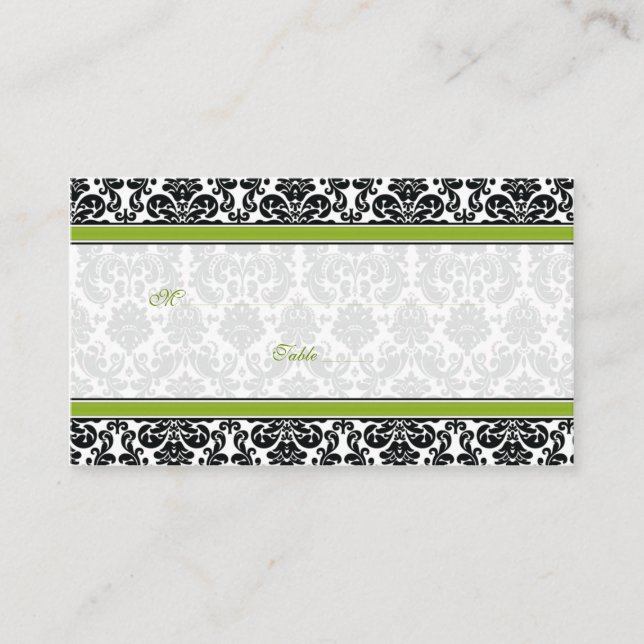 Green, Black, White Damask Wedding Place Cards (Front)