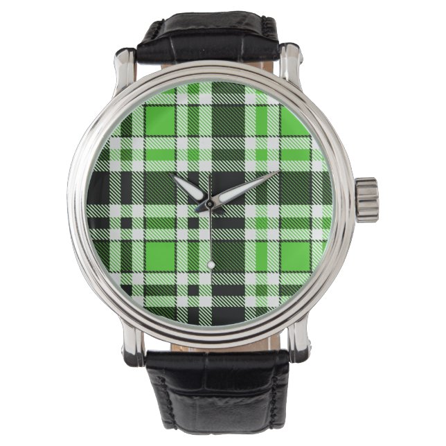 Green Black White Flannel Tartan Pattern Design  Watch (Front)