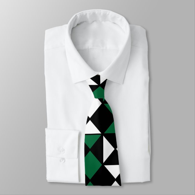 Green Black White Geometric  Neck Tie (Tied)